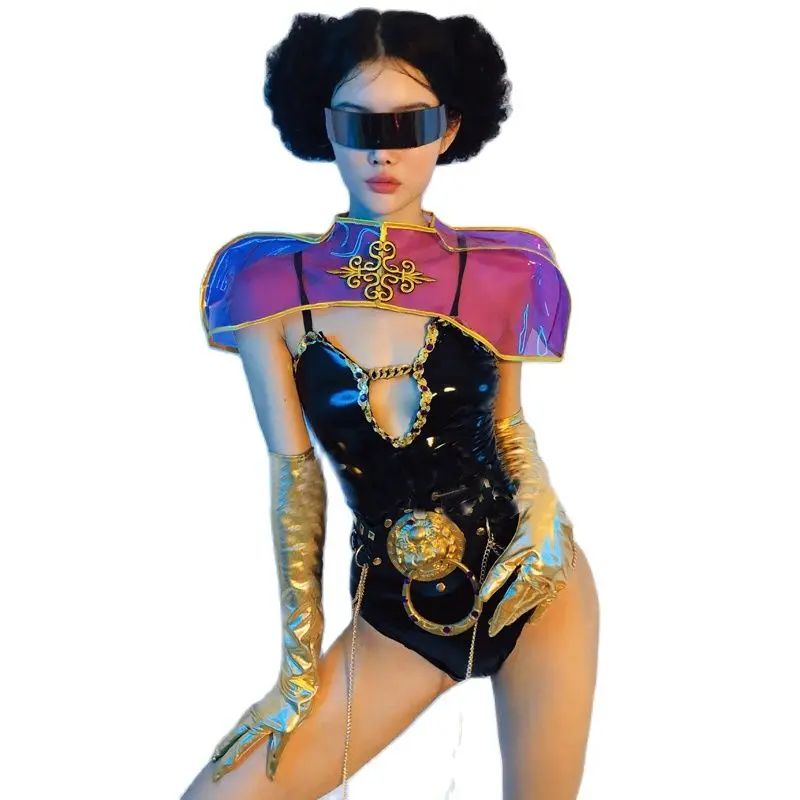 

Black Hollow Leather Bodysuit Gogo Costumes Nightclub Ds Dj Festival Outfit Pole Laser Gloves Dance Wear Rave Clothes