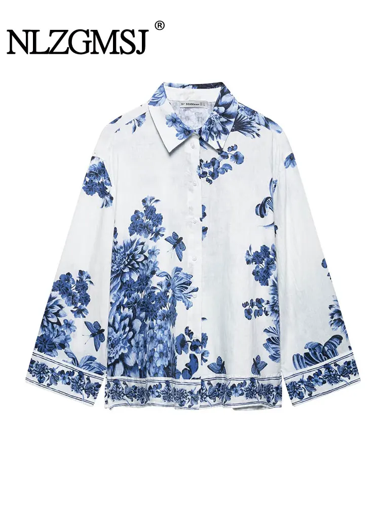 

Весна 2025 г., женские рубашки с синим цветочным принтом, модные свободные рубашки с длинными рукавами, топы для женщин, рубашки, элегантные рубашки
