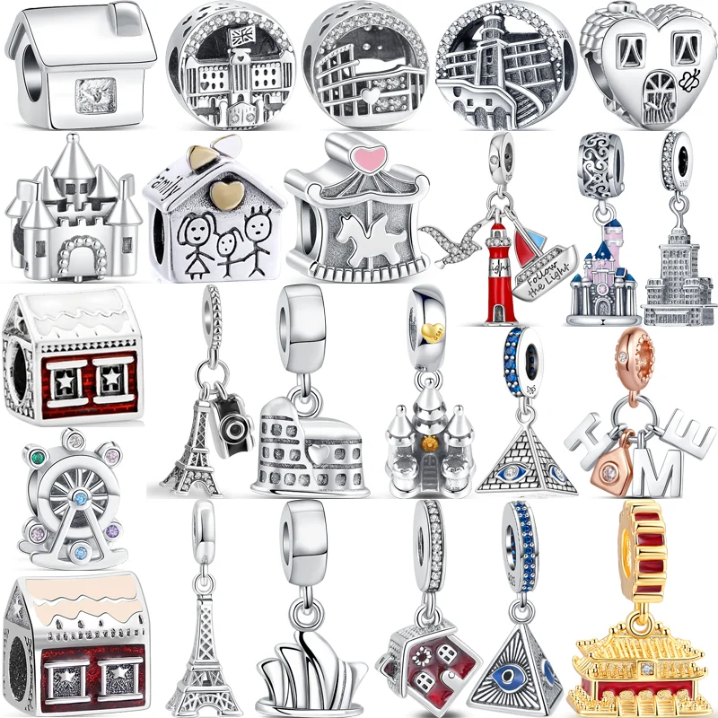 

Fit Original Pandora Charms Bracelet Jewelry New 925 Silver Ferris Wheel Iron Tower Castle Lighthouse Pyramid House Family Beads