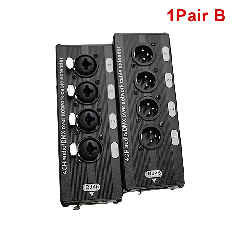 1 paar 4-kanaals 3-pins XLR of 6,3 mm audio en DMX over netwerkkabelverlenger, DMX512 netwerksignaalverlenger mannelijk + vrouwelijk