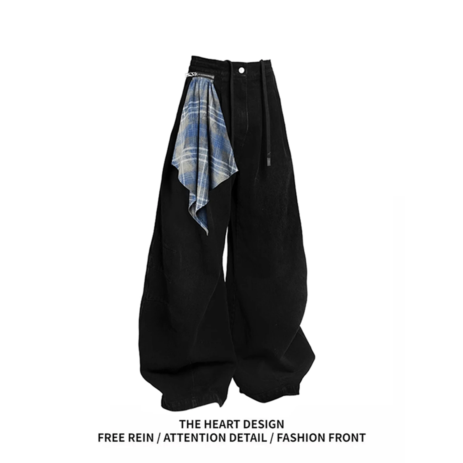 

Women's 2025 Y2K Black Denim Jeans Baggy Wide Leg Trousers With Plaid Patch Side Trim Drawstring Streetwear Casual