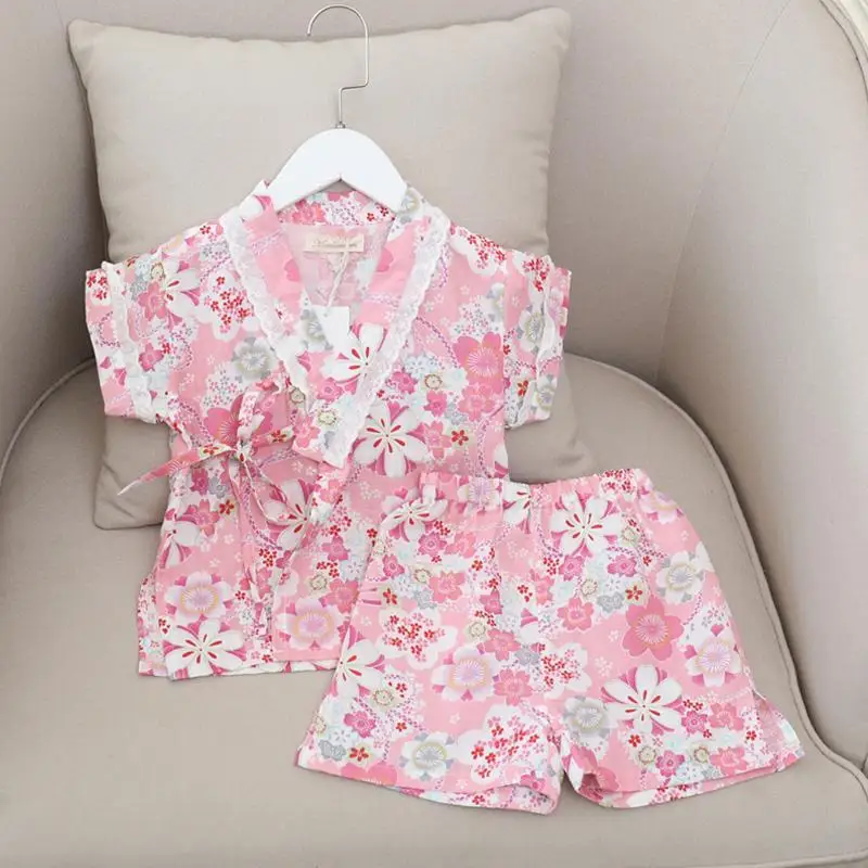 

Summer Thin Cotton Gauze Children's Japanese Kimono Yukata Baby Girl Short-Sleeved Home Clothes Pajamas Kids Cute SleepwearLC974