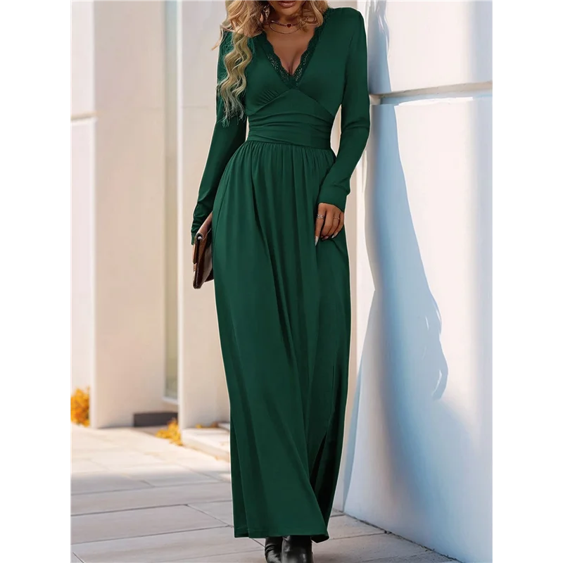 ASDS-Women Deep V Neck Long Sleeve Slit 2025 Fall Elegant Formal Wedding Evening Date Prom Maxi Long Dress