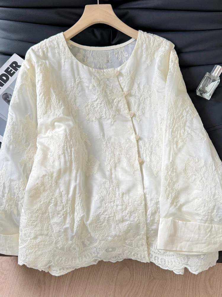 

New Chinese Style Embroidered Shirt Women's Summer Design Sensation Sun Protection Hollow out Flower Top Button up Cotton