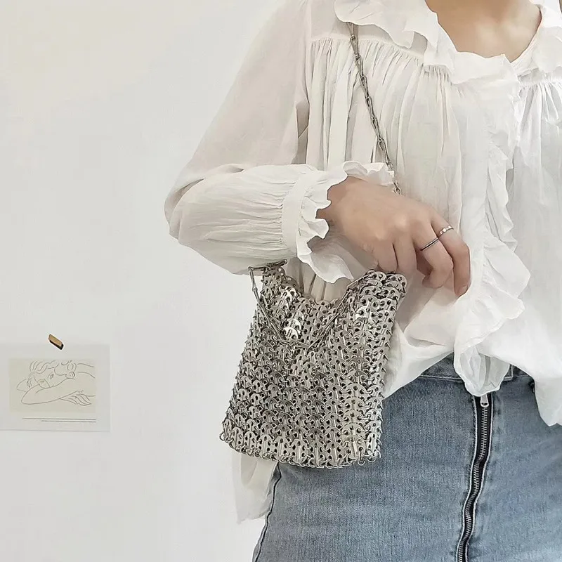 Women Bags Designer Silver Metal Sequins Chain Woven Bag Hollow Evening Bags Clutch Female Travel Holiday Shoulder Bag Handbag