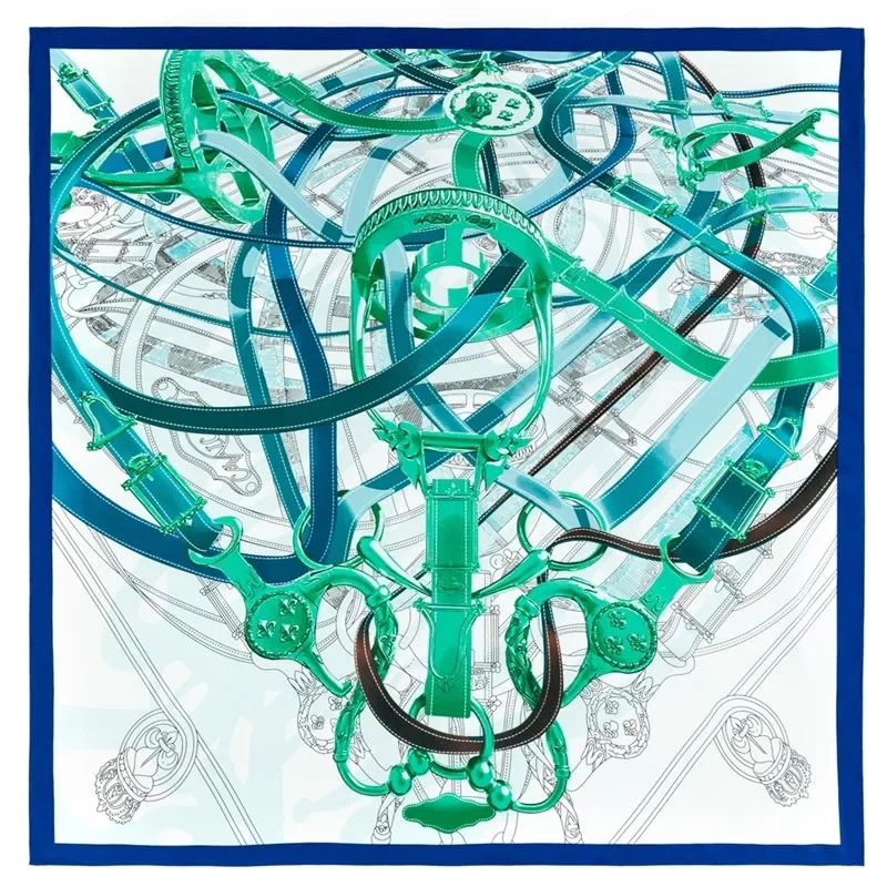 90cm Manual Hand Rolled Twill Silk Scarf Women Melt Chain Print Curled Square Scarves Echarpes Foulards Femme Wrap Bandana Hijab