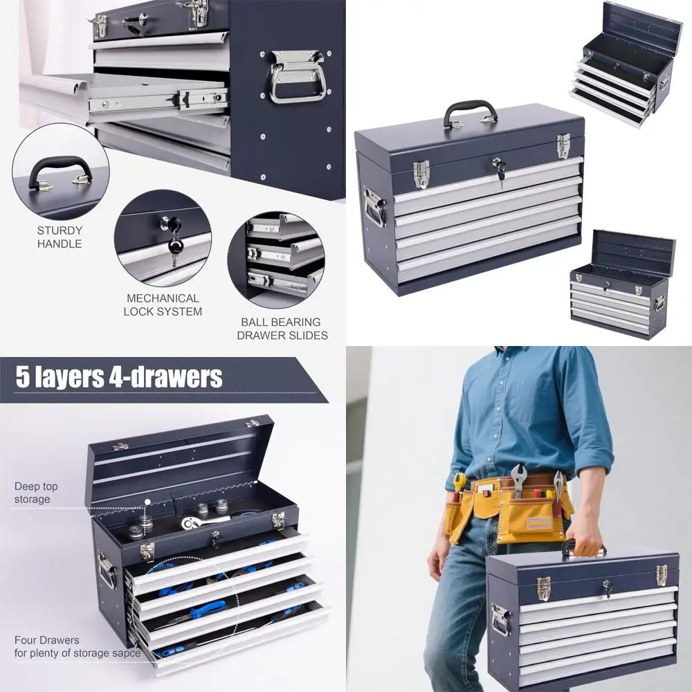 

Portable 21 Steel Tool Chest with 4 Drawers, Key Lock, Latch, and Top Tray - Powder Coated, Ball Bearing Slides for Garage (Anti
