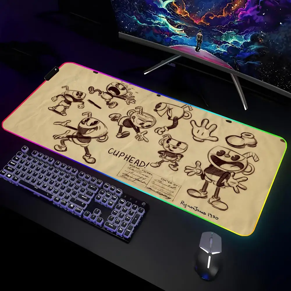 

Cuphead Black Mouse Pad Gamer RGB Deskmat Keyboard Mat Gaming Laptops LED Mousepad Desk Protector Anime Mause Mats