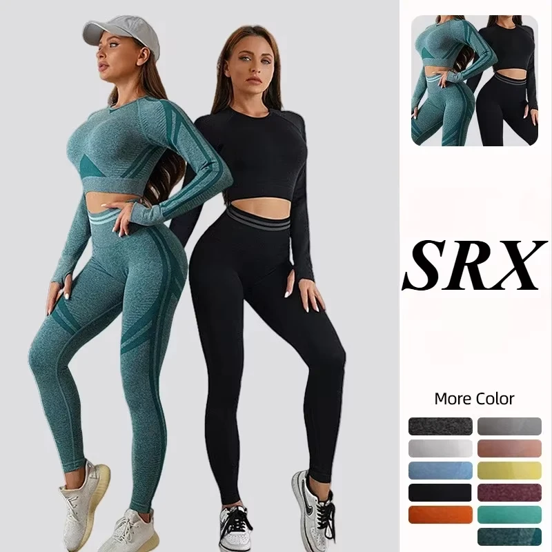 

Seamless Yoga Sets Sports Fitness High Waist Hip Raise Pants Long-Sleeved Backless Suit Workout Clothes Gym Shorts Set for Women