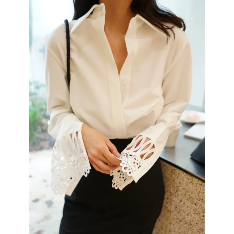 

Nordic Luxury VKC Faion Commute Design Hollow out Hook Flower Sve Cuff Collar Long Sve White irt Women's Businwear