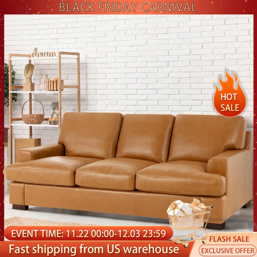 Genuine Leather Sofa - Luxurious Comfort, Goose Feather Cushion Filling, Square Arm Design, Sturdy Block Legs, Living Room Sofas