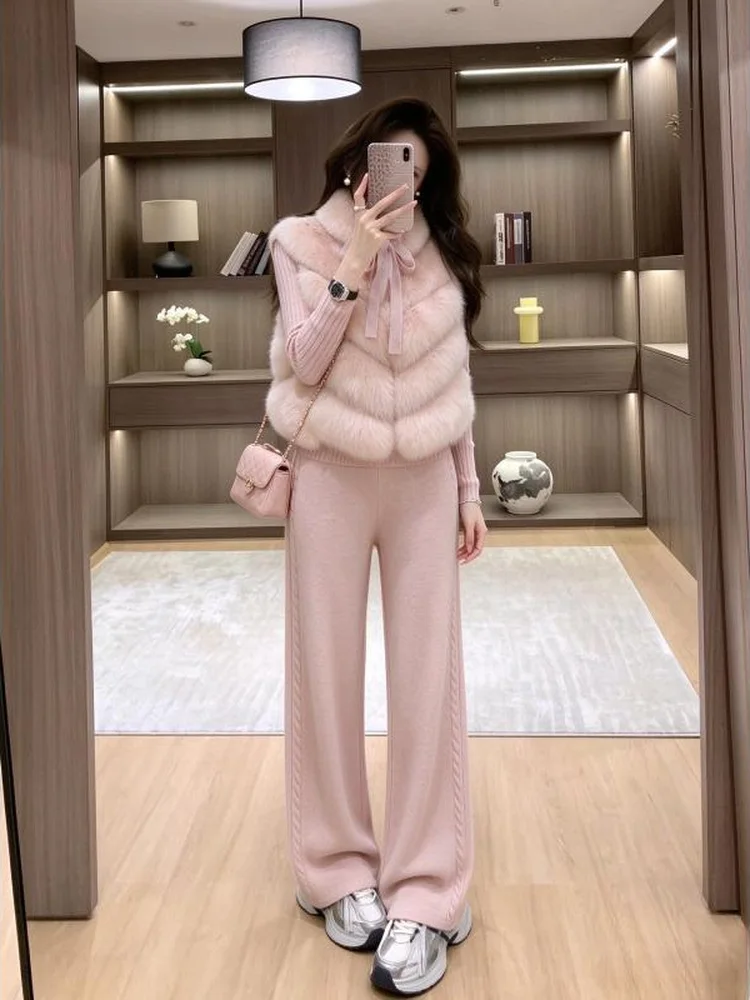 Pink Fluffy Vest Top Slim Fit Knitted Sweater High Waist Casual Pants Three Piece Set Women's Fashion Autumn Winter Clothes
