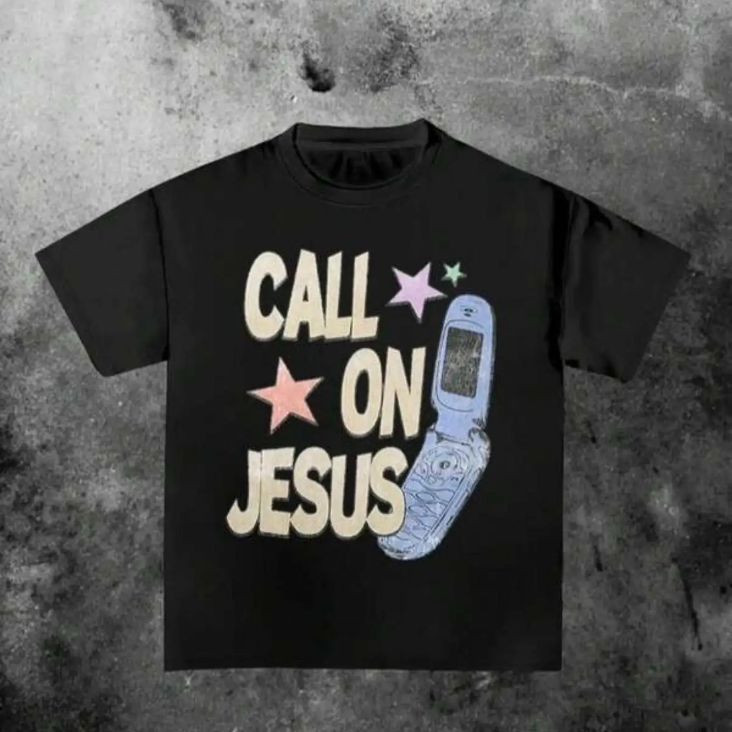 Men'S Short Sleeve T-Shirt Graphic Printed with Call on Jesus with Flip Phone and Stars Pure Cotton
