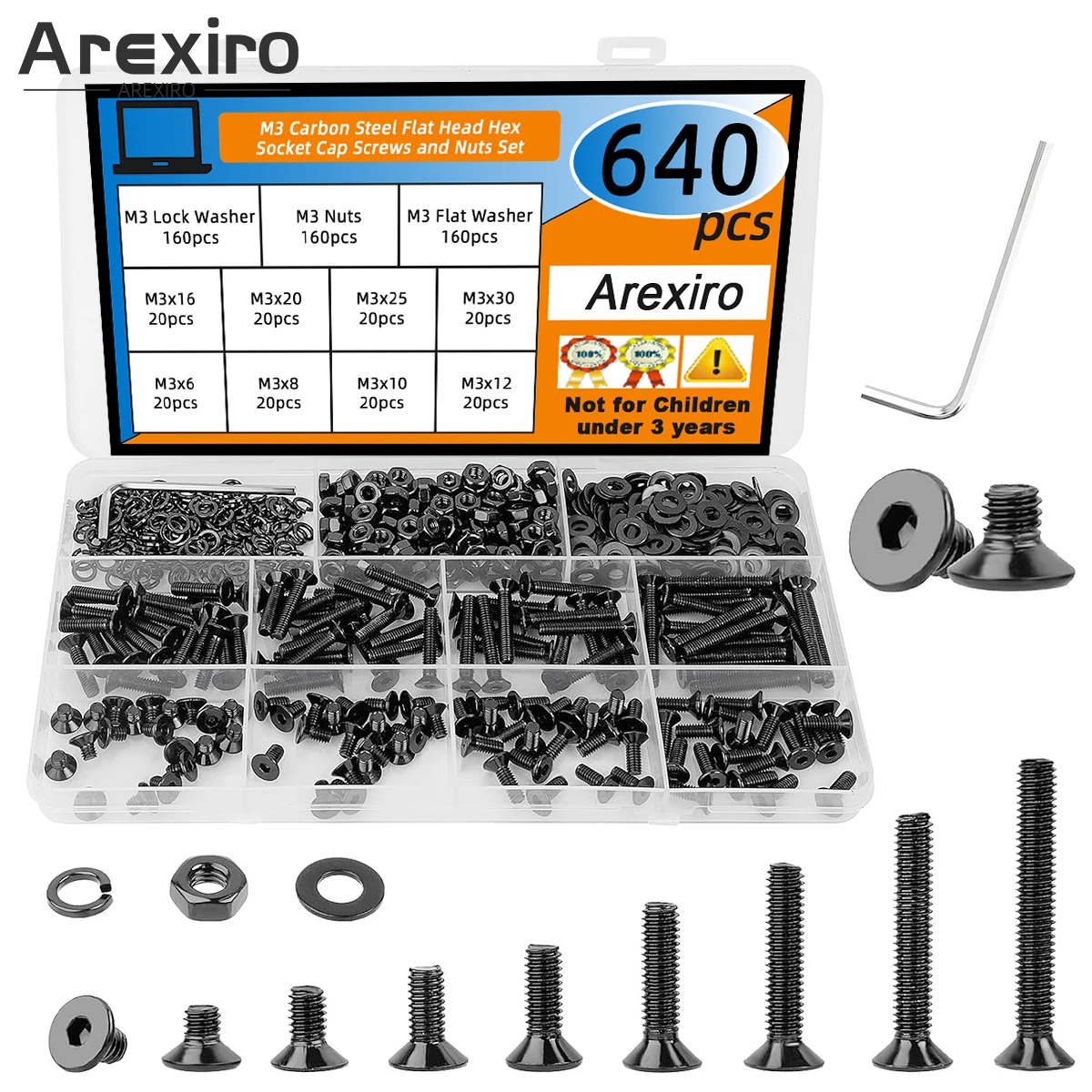 

640Pcs M3x6/8/10/12/16/20/25/30mm Carbon Steel Flat Head Hexagon Socket Screw Combination Kit Bolt Nut and Washer Set