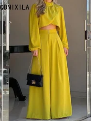 New Two Piece Set Summer Fashion Elegant Irregular Top High Waist Wide Leg Pant Sets Long Sleeve Yellow Sexy Tops Matching Sets