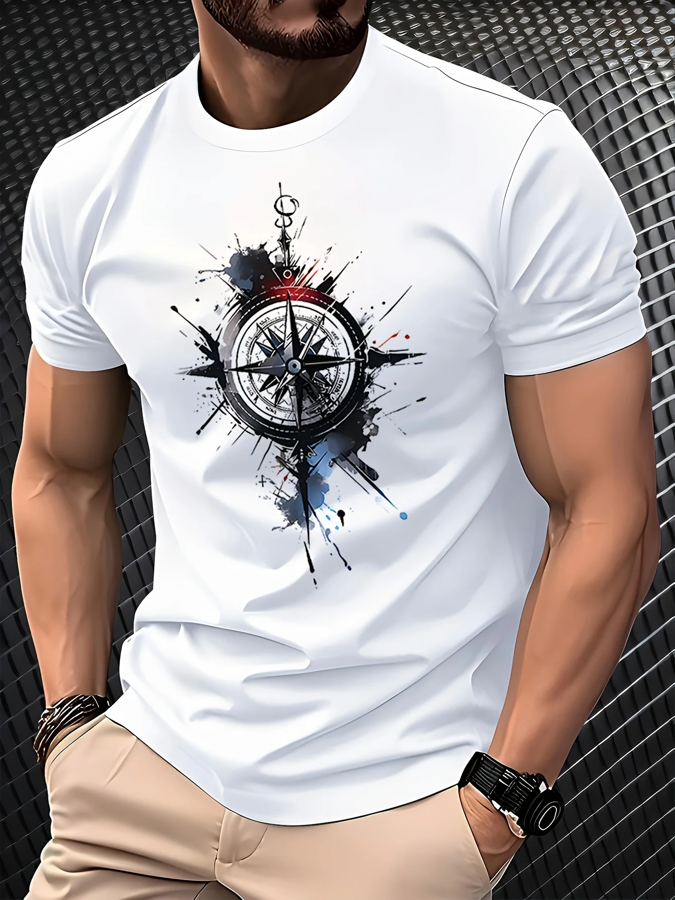 

Mens Casual Short Sleeve T-Shirt with Compass Print Breathable Polyester Round Neck Tee Machine Washable Lightweight Summer Top