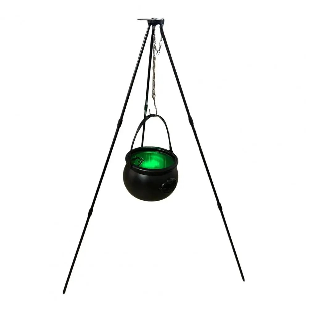 Fantasy Theme Decor Enchanting Halloween Witch Cauldron on Tripod with Green Lights Spooky Black Plastic Bonfire Pot for Home