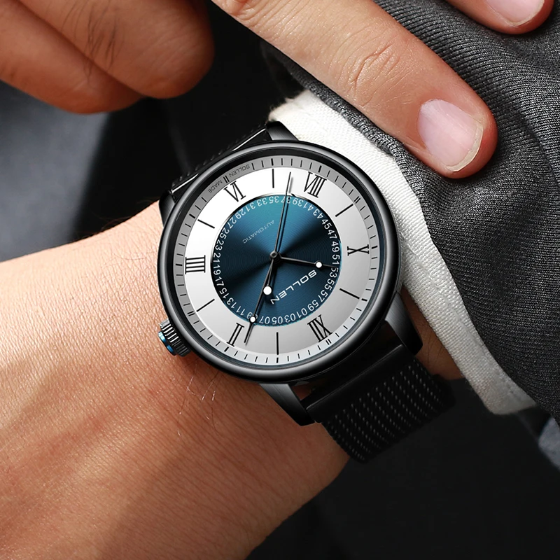 SOLLEN flambant neuf haut de gamme mode montre mécanique creuse hommes en acier inoxydable étanche luxe automatique squelette montres hommes