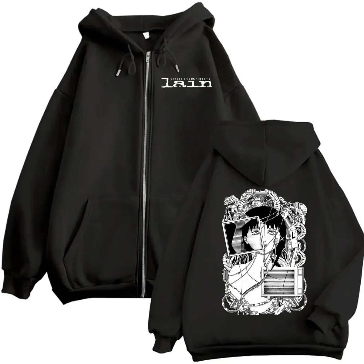 Anime Serial Experiments Lain Zip Up Hoodie Women Men Harajuku Sweatshirt Streetwear Hip Hop Zipper Hooded Jacket Outerwear