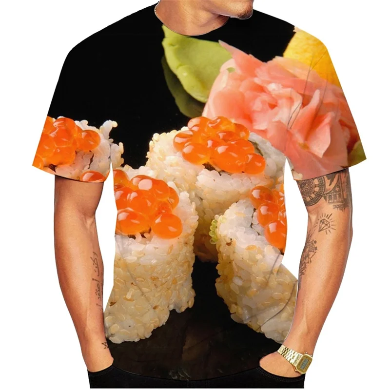 Camiseta con estampado 3d de comida a la moda para hombre, camiseta informal con estampado de sushi de filete de salmón, camisetas de talla grande para verano, disfraz de Cosplay