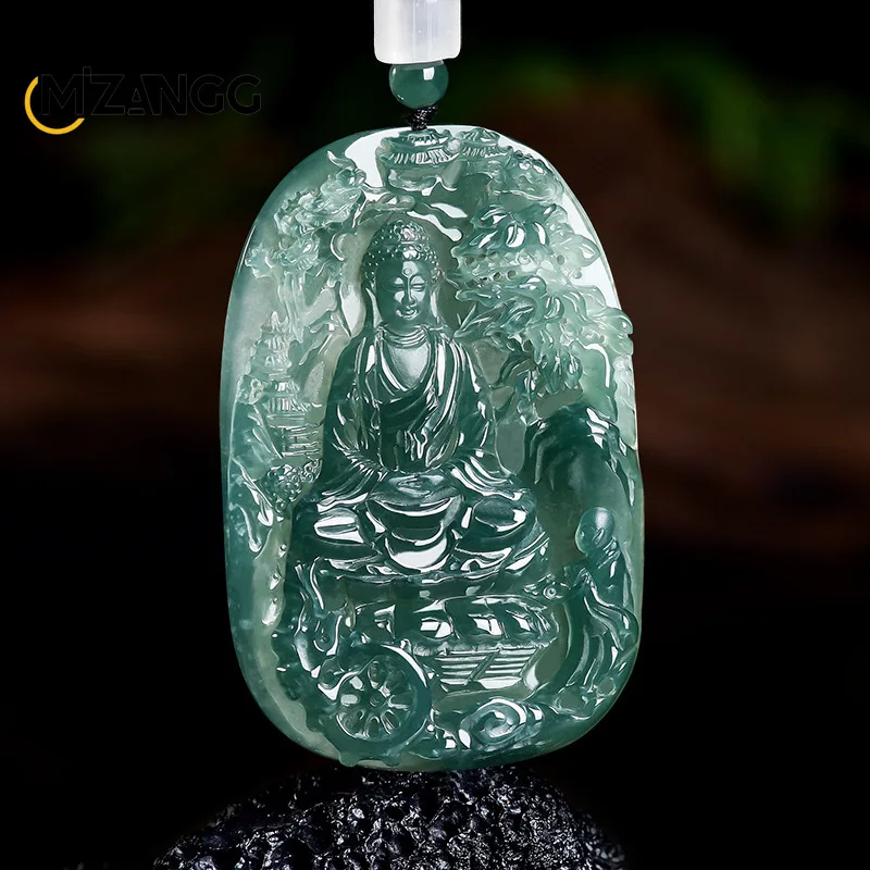 Natural Jadeite Blue Water Amitabha Bodhisattva Pendant Exquisitely Carved High-end Lucky Amulet Necklace for Men and Women