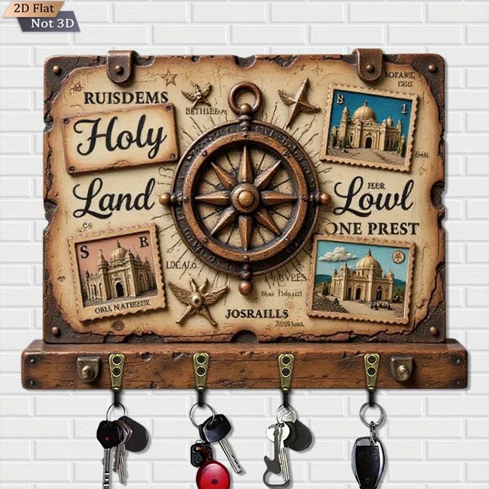 2D Flat, 1pc,  Holy Land Style Wooden Multi-functional Home Key Hook Hanger, with four metal hooks, wall decoration, porch