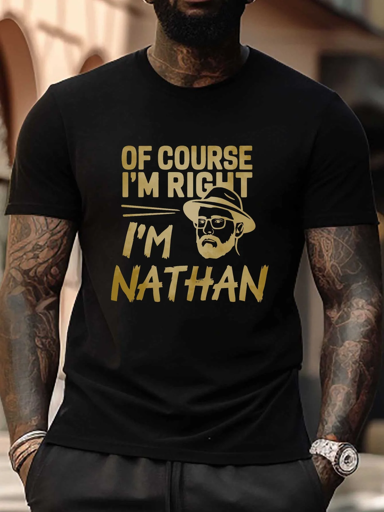 Funny Men's Black Graphic T-Shirt Bold Letter Print Bearded Man Hat Sunglasses Nathan Name Quote Design 100% Cotton Heavyweight Short Sleeve Casual Streetwear Tee
