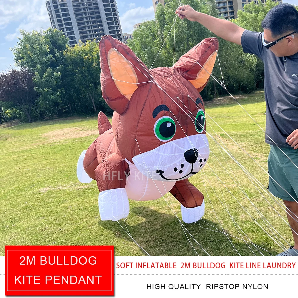 HFLY New Arrival Soft Inflatable 2m Lovely Bulldog Kite Line Laundry for Adults High Quality 40D Nylon Dog Show Kite Pendant