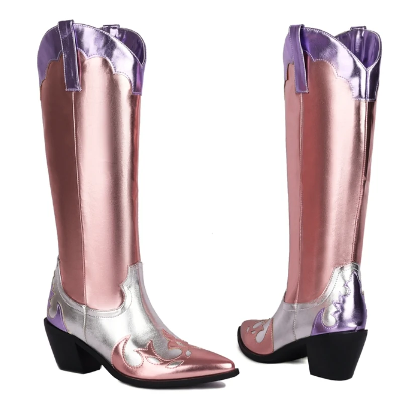 Women\'s High Boots Western Cowboy Cowgirls Boot Autumn Winter Patchwork Gold Pink Long Shoes Footwear Lady Large Size 45 Comfort