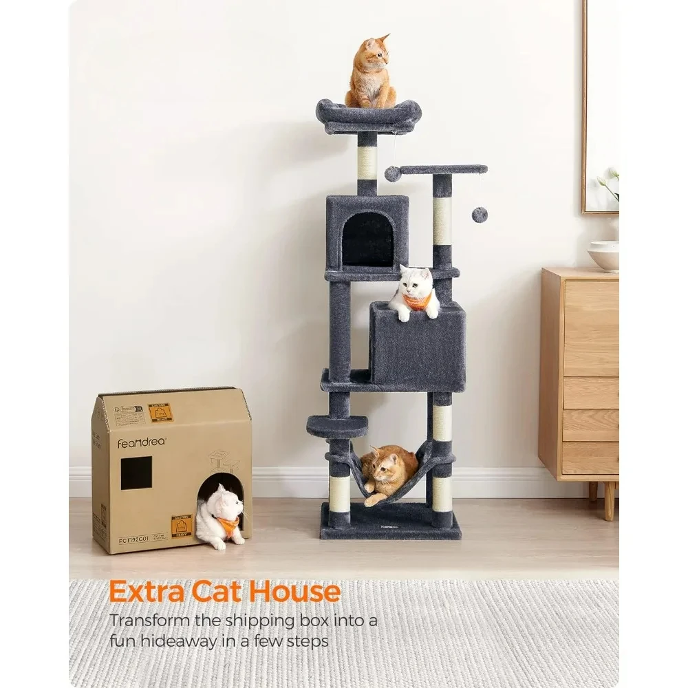 Cat Tree, 61-Inch Cat Tower for Indoor Cats, Plush Multi-Level Cat Condo with 5 Scratching Posts, 2 Perches, 2 Caves