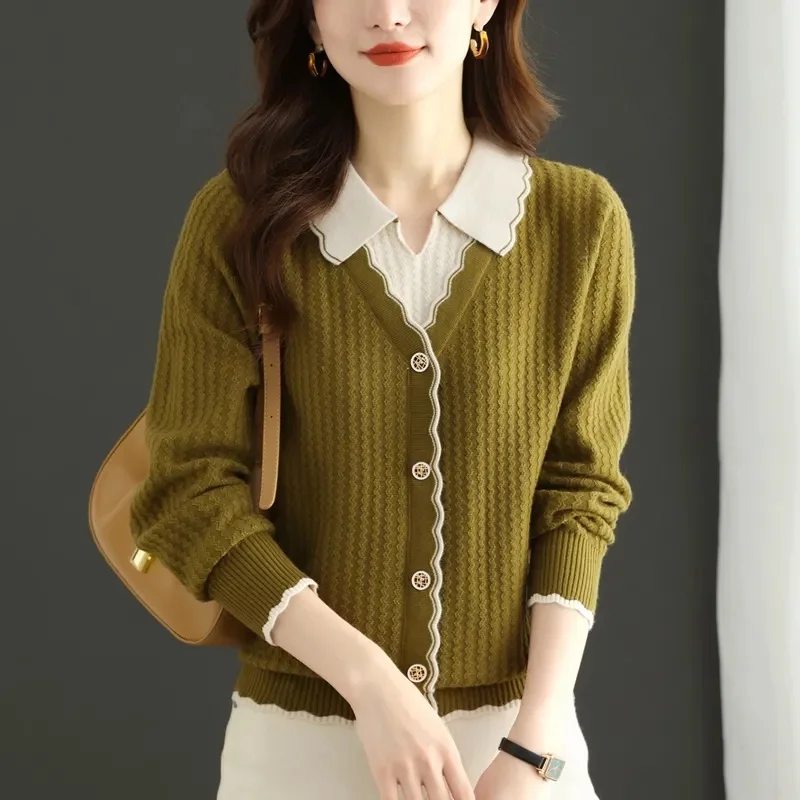 Women Fake Two Pieces Knitwear Autumn Winter Female Lapel Collar Color Blocking Sweater Ladies Large Size 4XL Pullover Knitting