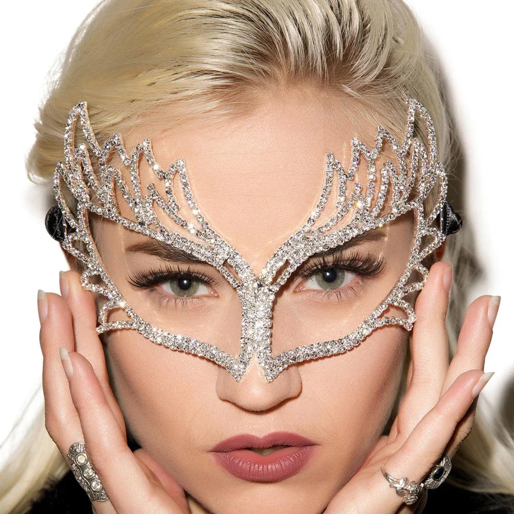 Przesadne Bling Rhinestone seksowna maska ręcznie robione damskie akcesoria imprezowa twarz kryształowe maska na przyjęcie balowe biżuteria maskowa