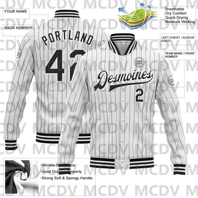 Custom White Black Pinstripe Black Bomber Full-Snap Varsity Letterman Jacket