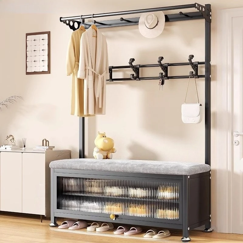 

Modern Simple Coat Rack Floor-to-ceiling Integrated Bedroom Entrance Dress Hanger Shoe Change Stool Perchero De Ropa Furniture