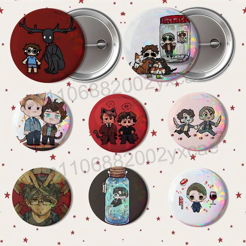 Cartoon Hannibal Will Chibi  Laser reflective round badges pins bag clothing decorations collectibles gifts for friends