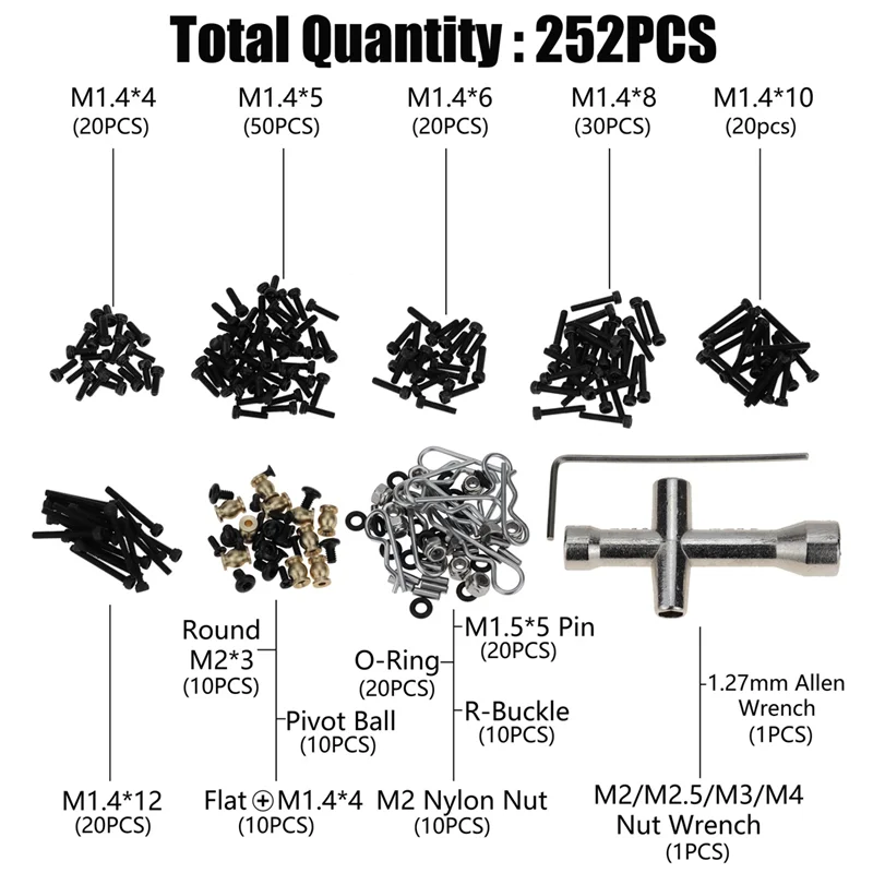 M1.4 나사 패스너 키트 슬리브 육각 렌치 수리 도구, 축 SCX24 1/24 RC 크롤러 자동차 부품 액세서리, 252 개