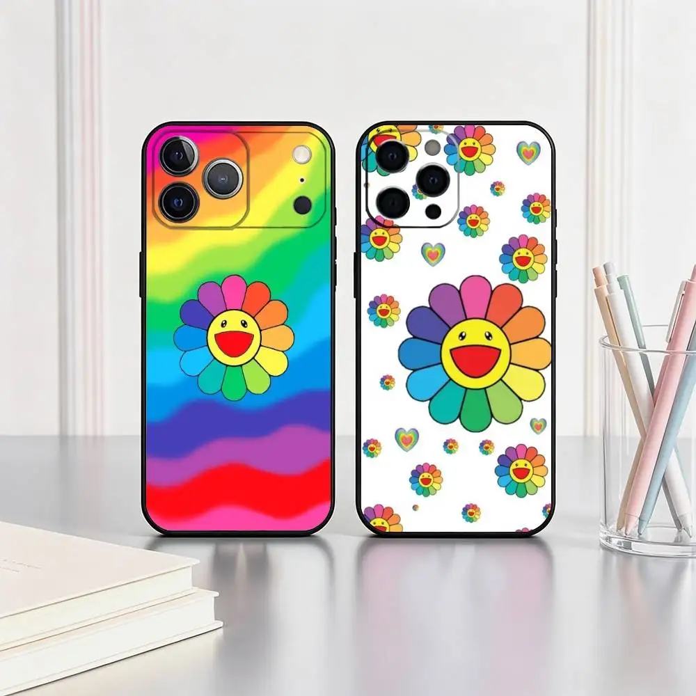 Takashi M-Murakami Flower Art  Phone Case For iPhone 17,16,15,14,13,12,11 Plus,Pro Max,XS,Soft Silicone Black Cover Gift