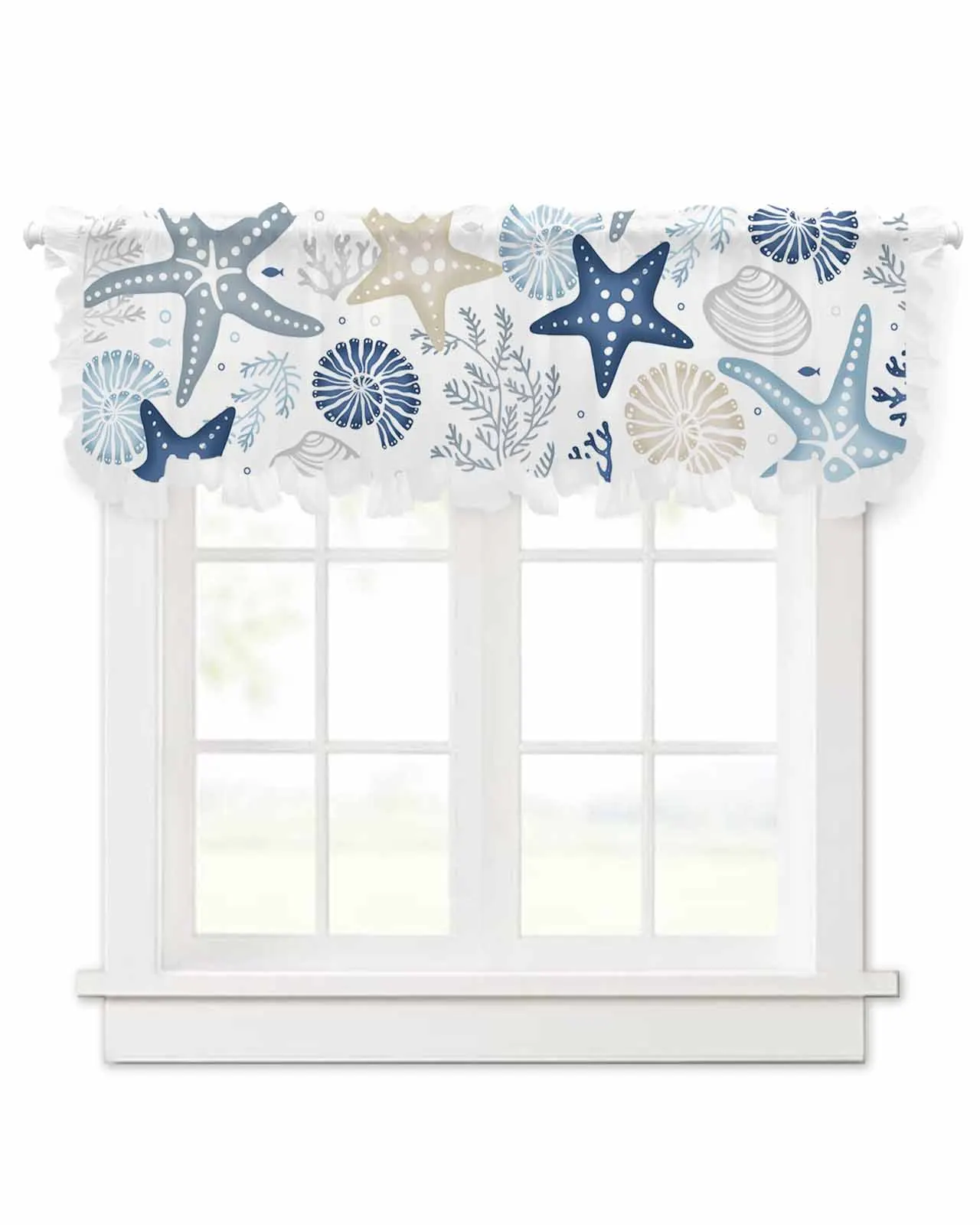 Marine Organisms Corals Starfish Shells Short Tulle Half Curtains for Living Room Kitchen Door Cafe Window Sheer Valance Drapes