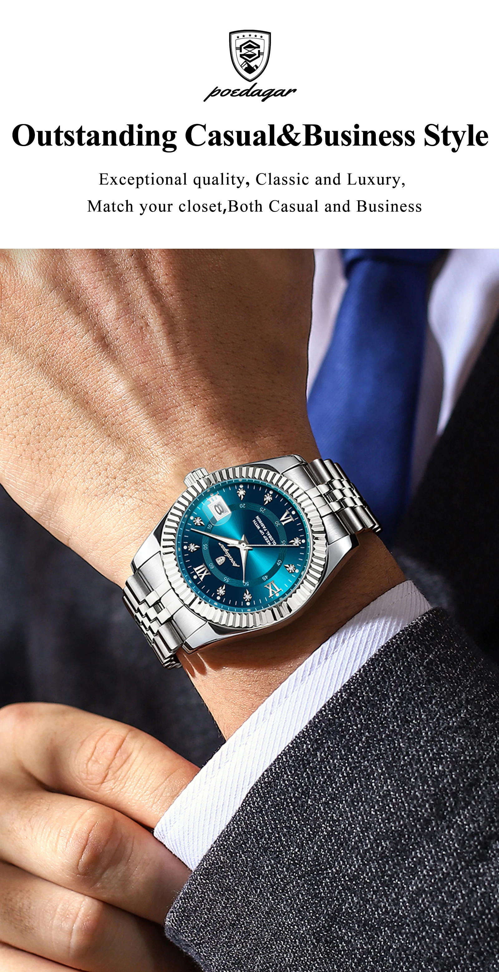 POEDAGAR Original Herren-Armbanduhr Wasserdicht Leuchtend Datum Geschäfts-Männeruhr Edelstahl Quarz Militär-Herrenuhren Reloj – Detail 5