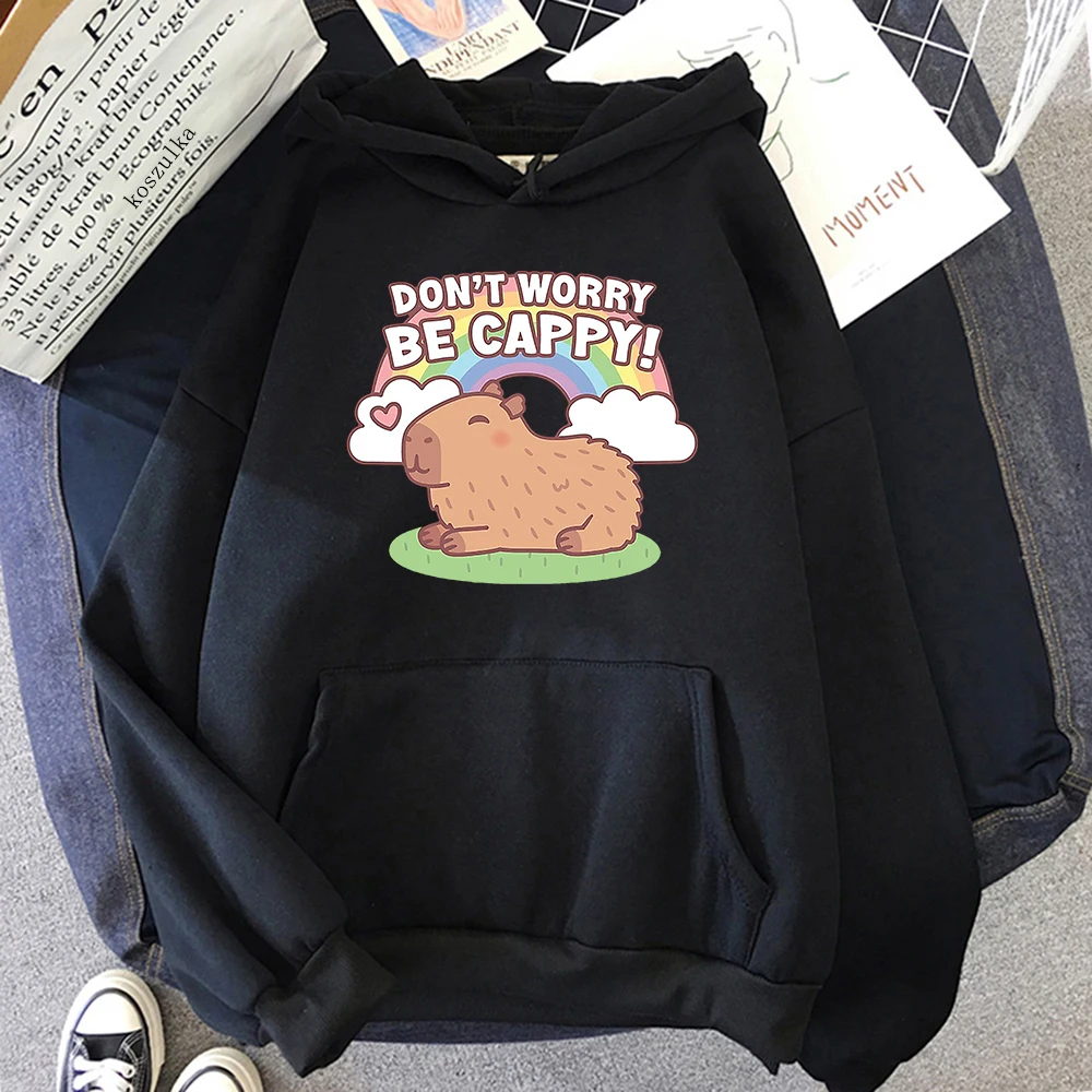 Cute Capybara and Rainbow Don't Worry Be Cappy Hoodie Kawaii Women Hoodies Unisex Autumn Winter Aesthetic Pullovers Sweatshirts