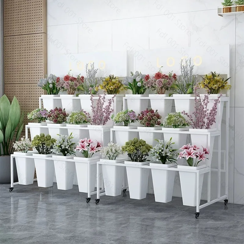 Flower Display Stand With 12PCS Buckets, 3-Layer Metal Plant Stand with Wheels For Indoor and Outdoor Terraces, Gardens