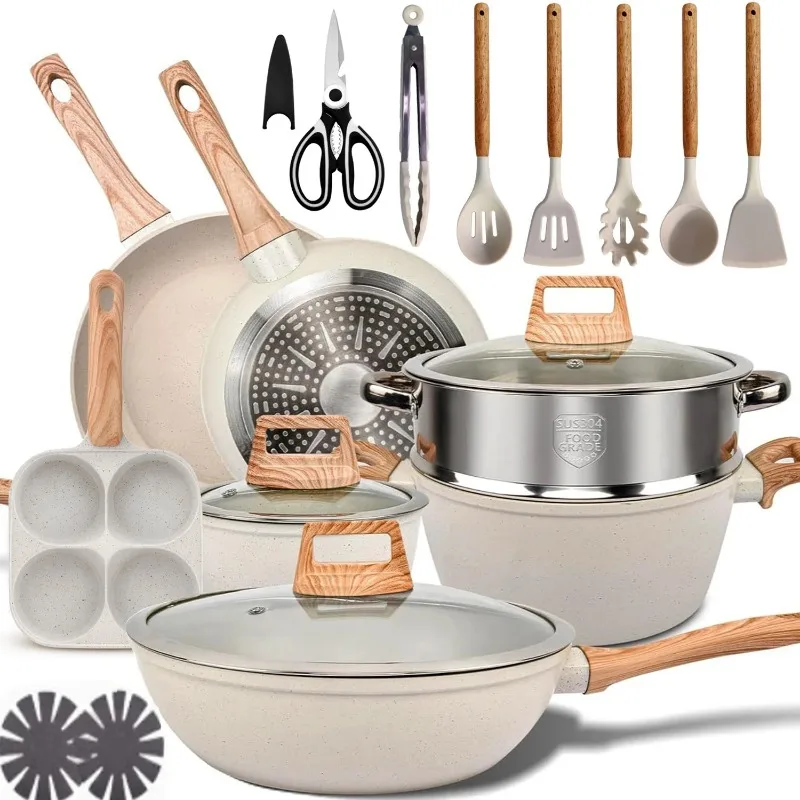 

19pcs Non Stick Pots and Pans Set, Nonstick Cookware Set, Induction Cookware,(Beige Granite)