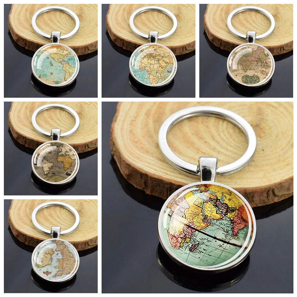 Map Keychain World Travel Exploring Glass Dome Double Side Pendant Key Chains Men Women Creative Souvenir Jewelry Keyring Gift