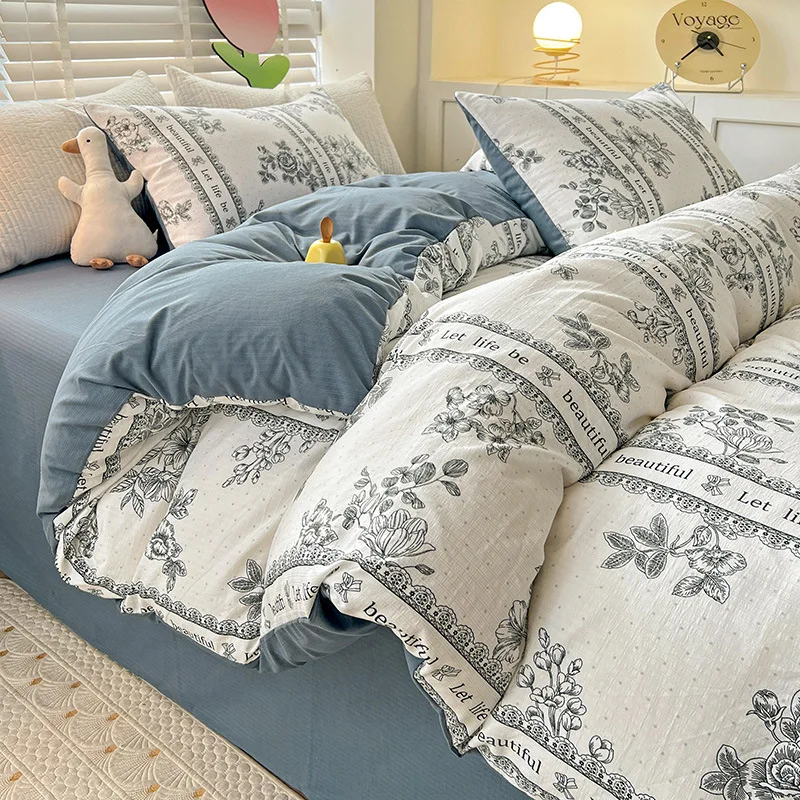 Spring Summer Ins Style Cotton Linen Four-Piece Set, Small Fresh Floral Pastoral Skin-Friendly Sleeping Naked Four-Piece Set