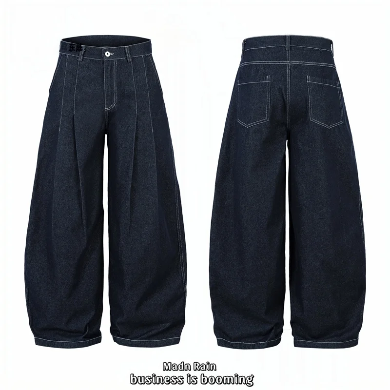 

Джинсы Madn Rain Original American Color Deep Blue, широкие, свободные, унисекс, повседневные, из хлопка, прямого кроя, с эффектом потертости