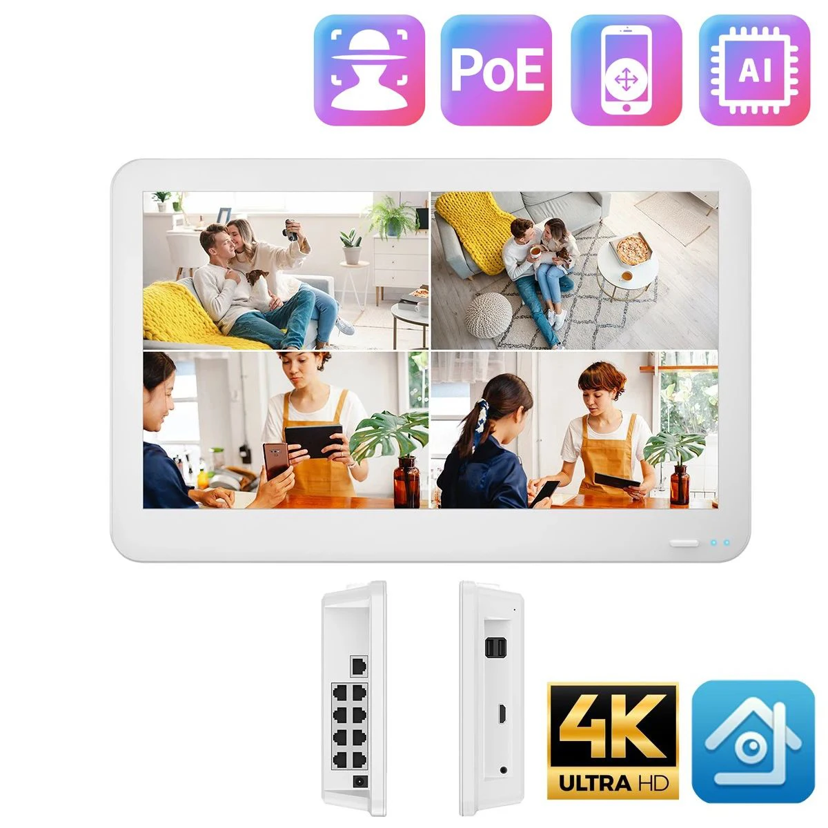 VMS-Enregistreur vidéo NVR PoE pour la sécurité à domicile, système de vidéosurveillance, 8MP, 4K, 8CH, écran 11.6 pouces, enregistreur réseau NVR intégré