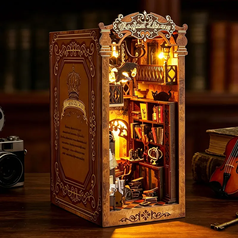 

Magical Library DIY Book Nook Kit Miniature Bookshelf Insert with LED Light 3D Wooden Puzzle Building Kit Craft Gift Dollhouse