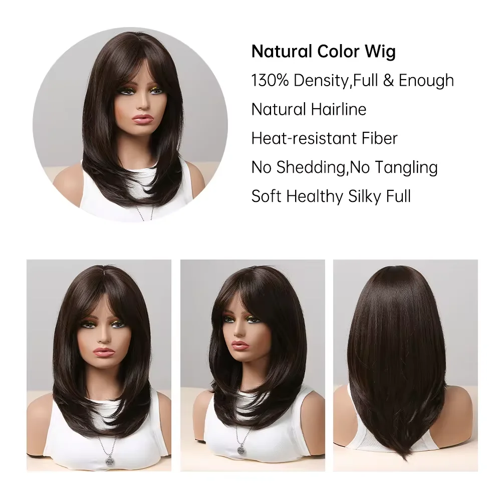 ESIN Brown Natural Synthetic Hair Wigs with Bangs Medinum Length Straight Layered Wig for Women Daily Party Use Fake Hair Fiber