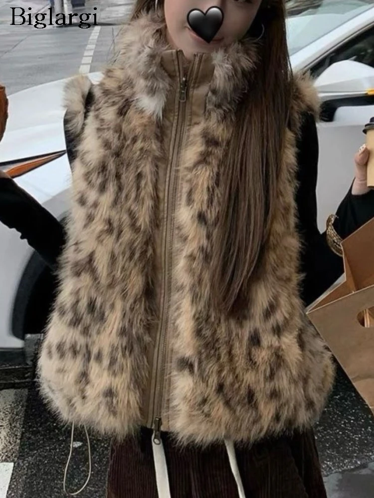 

Autumn Winter Furry Sleeveless Vests Coat Women Leopard Print Fashion Korean Style Ladies Jackets Loose Casual Woman Coats