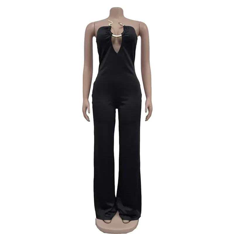 Women Wide Leg Deep V-Neck Sleeveless Jumpsuits 2025 Summer Hollow Out Night Street Club Playsuit One Piece Suit Romper